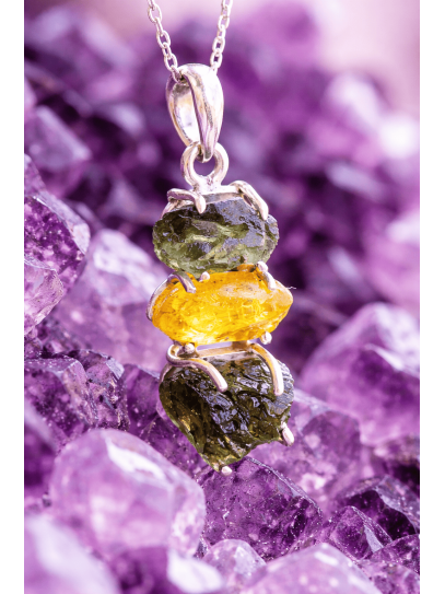Collar Triple Eclipse ✨ de Moldavita y Citrino de plata | Protección