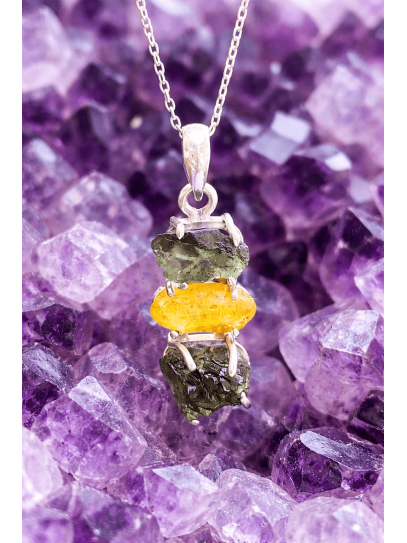 Collar Triple Eclipse ✨ de Moldavita y Citrino de plata | Protección