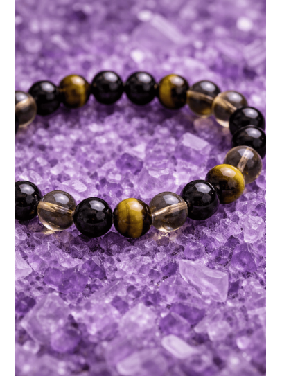 Pulsera triple protección atracción del dinero ✨ Turmalina, Ojo de Tigre y Cuarzo ahumado