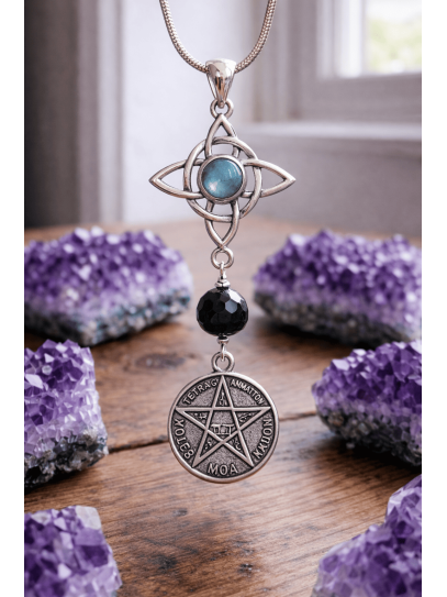 Witch's Knot Necklace with Labradorite, Tourmaline and Tetragrammaton - Double EXTREME protection