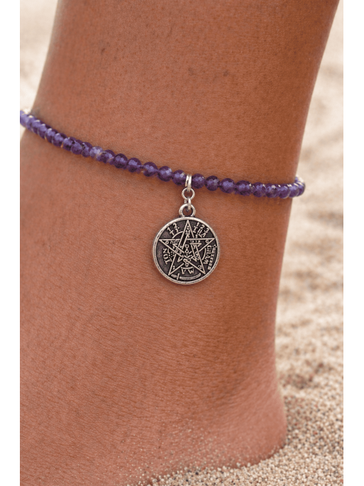 Tobillera DOBLE PROTECCIÓN TETRAGRAMATÓN de Amatista y plata