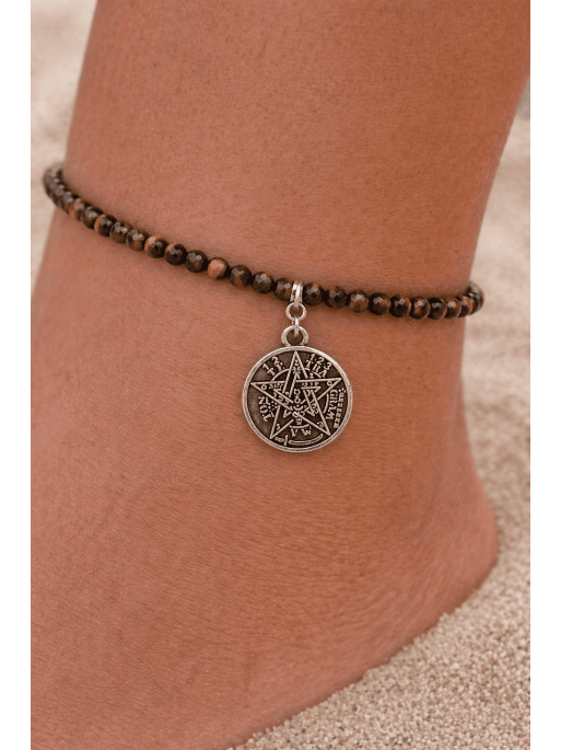 Tobillera DOBLE PROTECCIÓN TETRAGRAMATÓN de Ojo de Tigre y plata