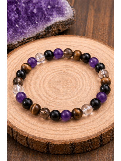 🔮 Pulsera Portal Abrecaminos de Turmalina, Cuarzo, Ahumado, Ojo de Tigre y Amatista 8mm