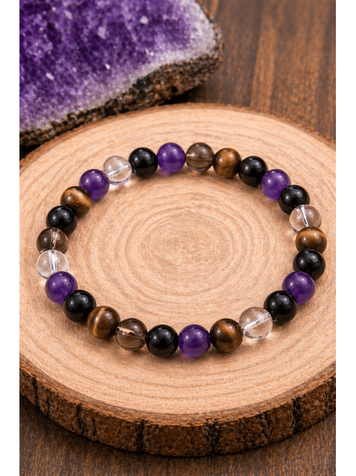 🔮 Pulsera Portal Abrecaminos de Turmalina, Cuarzo, Ahumado, Ojo de Tigre y Amatista 8mm