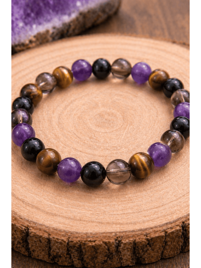 🔮 Pulsera Portal Energético de Turmalina, Ahumado, Ojo de Tigre y Amatista 8mm