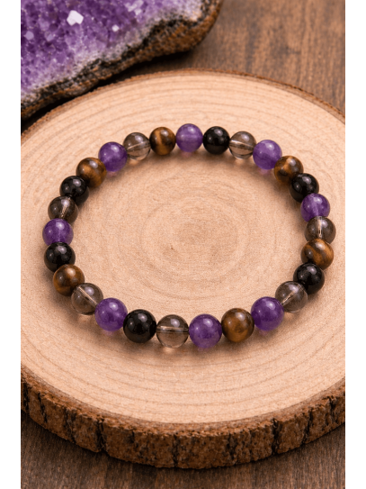 🔮 Pulsera Portal Energético de Turmalina, Ahumado, Ojo de Tigre y Amatista 8mm