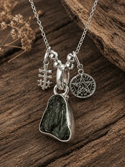 Collaret de Moldavita triple protecció CÒSMICA de Tetragramató i Caravaca