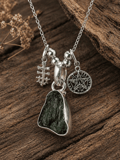 Collaret de Moldavita triple protecció CÒSMICA de Tetragramató i Caravaca