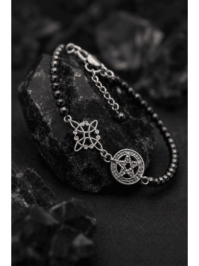 Pulsera Hechizo mágico de Triple Protección 🔮 Plata · Nudo de Bruja · Tetragramatón · Turmalina negra