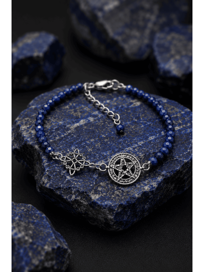 Pulsera Hechizo mágico de Triple Protección 🔮 Plata · Nudo de Bruja · Tetragramatón · Lapislázuli