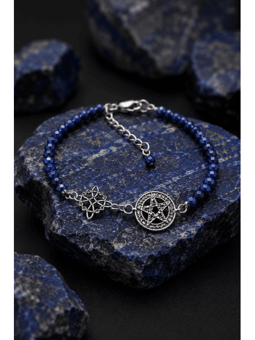Pulsera Hechizo mágico de Triple Protección 🔮 Plata · Nudo de Bruja · Tetragramatón · Lapislázuli