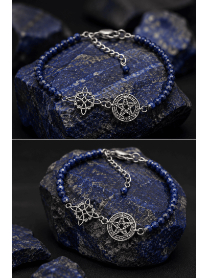 Pulsera Hechizo mágico de Triple Protección 🔮 Plata · Nudo de Bruja · Tetragramatón · Lapislázuli