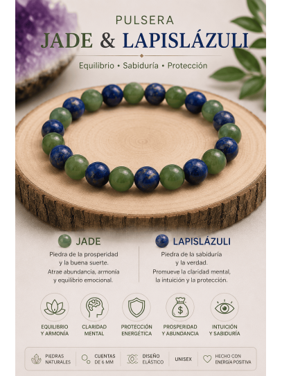 Double magnet bracelet of wisdom and intelligence 6mm | Lapis Lazuli and Jade
