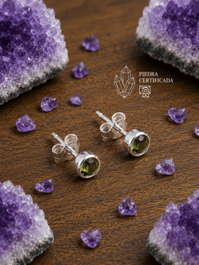 ✨ Pendientes Llama Verde de Moldavita 4mm 💚 certificada y de plata
