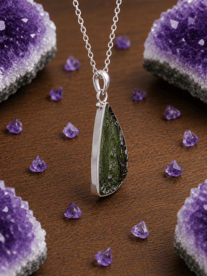 Collar Aura Galáctica ✨ de Moldavita de plata | Cambios y energía