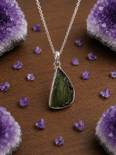 Collar Aura Galáctica ✨ de Moldavita de plata | Cambios y energía
