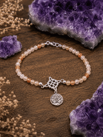 Pulsera Sagrada de Triple Protección 🔮 Plata · Nudo de Bruja · Tetragramatón · Cuarzo rosa
