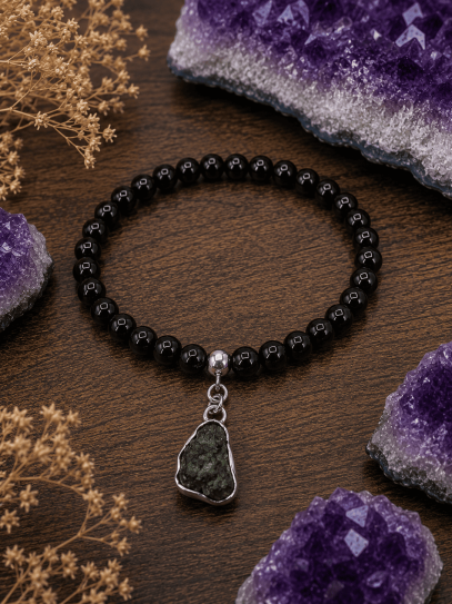 Pulsera doble energía mística ✨ de Turmalina 6mm y Moldavita protección suprema