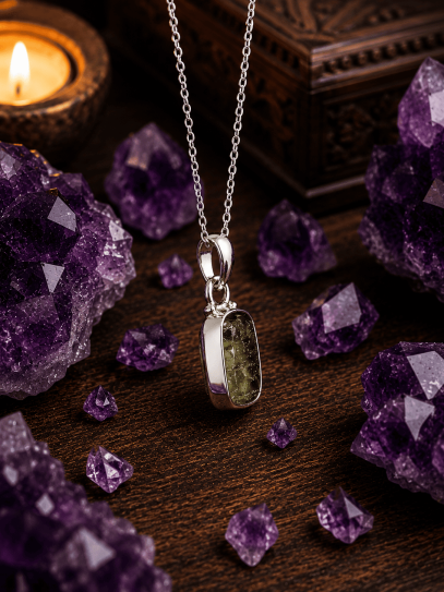 Mini collaret Aura Galàctica de Moldavita de plata | Canvis i protecció