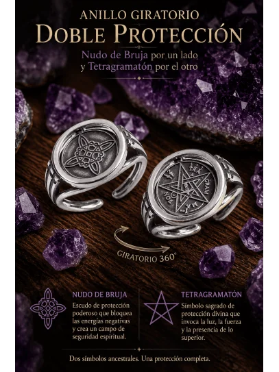 Double protection rotating ring with witch's knot and adjustable Tetragrammaton