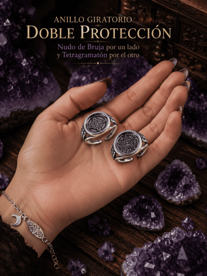 Anillo DOBLE PROTECCIÓN giratorio Nudo de bruja y Tetragrammatón ajustable