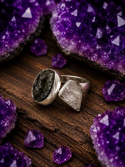 Duality Ring of Abundance ✨ of Moldavite and Herkimer Quartz | Protection