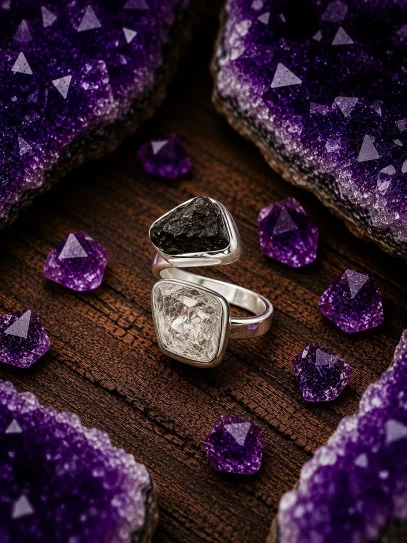 Anillo Dualidad de Protección ✨ de Moldavita y Cuarzo Herkimer | Protección
