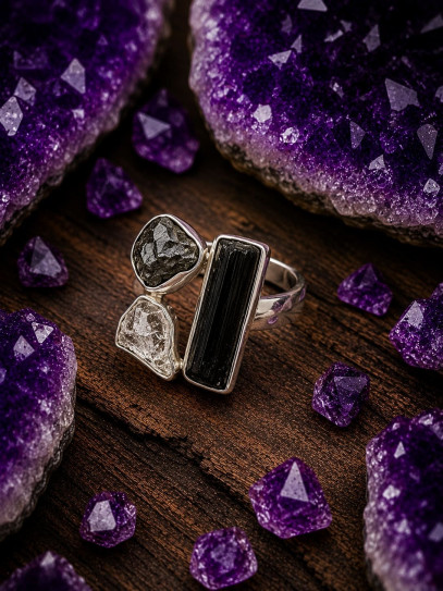 Anell Freqüència Còsmica ✨ de Quars hèrkimer, Turmalina i Camp del Cel Meteorit