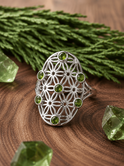 Silver Flower of Life Ring with Peridot (Olivine)