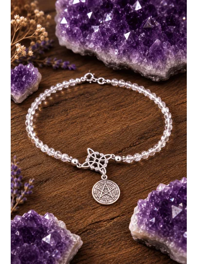 Pulsera Sagrada de Triple Protección 🔮 Plata · Nudo de Bruja · Tetragramatón · Cuarzo