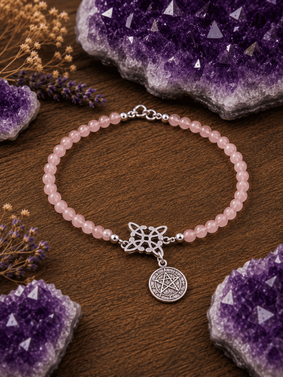 Pulsera Sagrada de Triple Protección 🔮 Plata · Nudo de Bruja · Tetragramatón · Cuarzo rosa