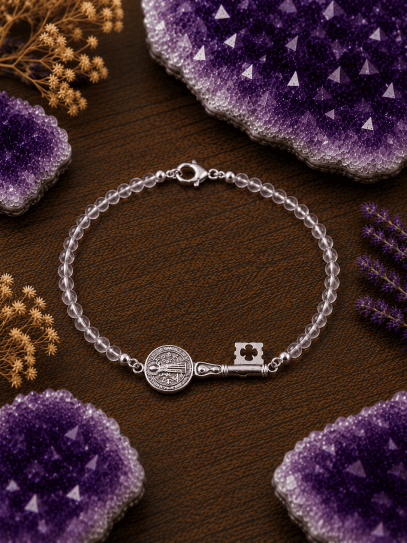 Triple protection silver bracelet: St. Benedict key medal and clear quartz
