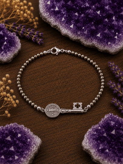 Pulsera triple protección de plata: Medalla llave de San Benito y Pirita