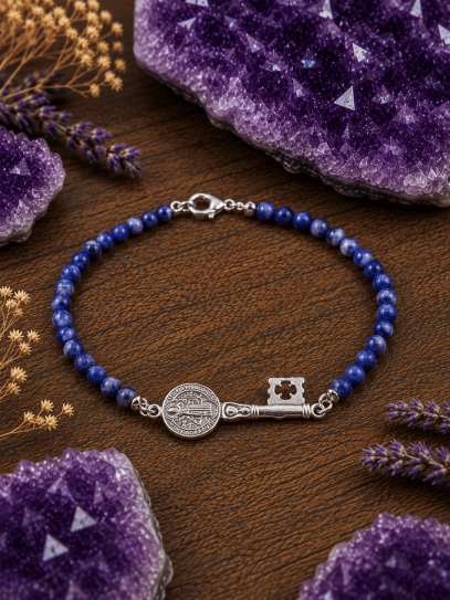 Pulsera triple protección de plata: Medalla llave de San Benito y Sodalita