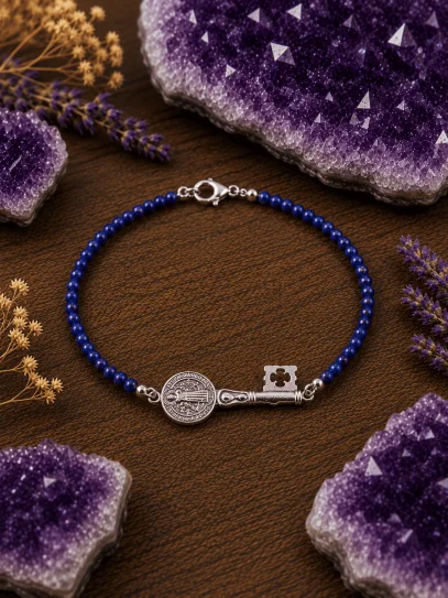 Triple protection silver bracelet: St. Benedict key medal and lapis lazuli
