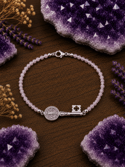 Pulsera triple protección de plata: Medalla llave de San Benito y Cuarzo rosa