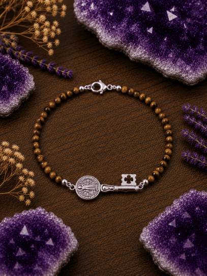 Pulsera triple protección de plata: Medalla llave de San Benito y Ojo de Tigre