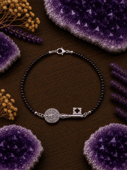 Triple protection silver bracelet: St. Benedict key medal and black obsidian