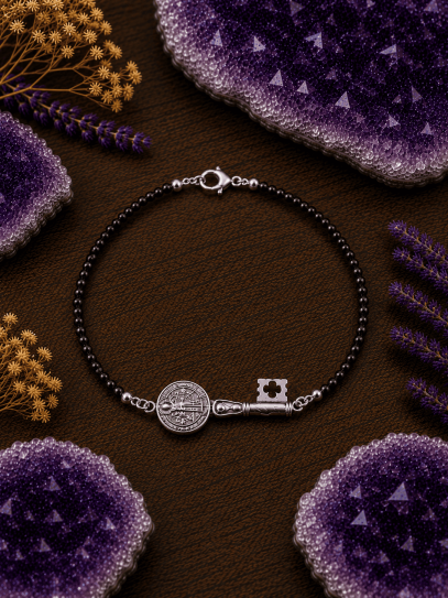 Triple protection silver bracelet: St. Benedict key medal and black spinel