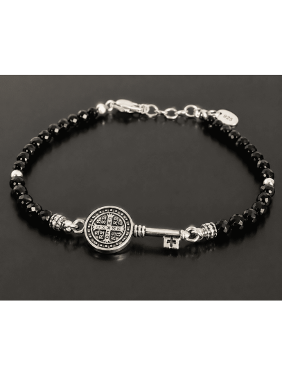 Triple protection silver bracelet: St. Benedict key medal and black spinel