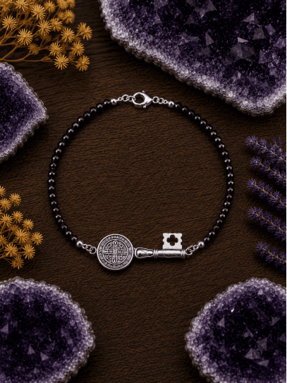 Triple protection silver bracelet: St. Benedict key medal and black spinel