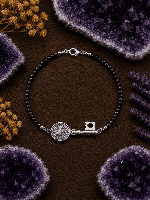Triple protection silver bracelet: St. Benedict key medal and black spinel