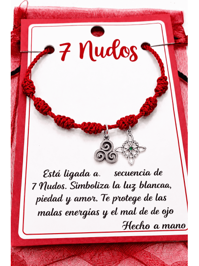 Red 7-knot bracelet with double protection, featuring a Triskelion and Witch's Knot