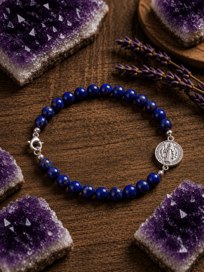 Double protection silver bracelet: Saint Benedict medal and lapis lazuli