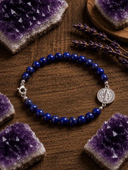 Double protection silver bracelet: Saint Benedict medal and lapis lazuli