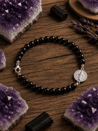 Double protection silver bracelet: Saint Benedict medal and black onyx
