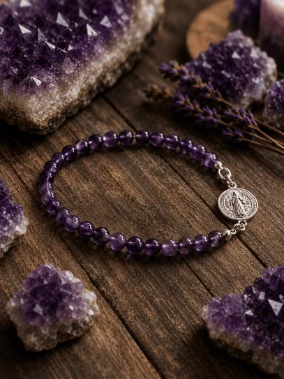 Pulsera doble protección de plata: Medalla de San Benito y Amatista