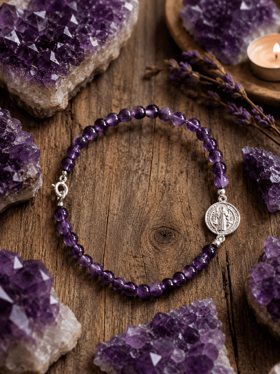 Double protection silver bracelet: Medal of Saint Benedict and Amethyst
