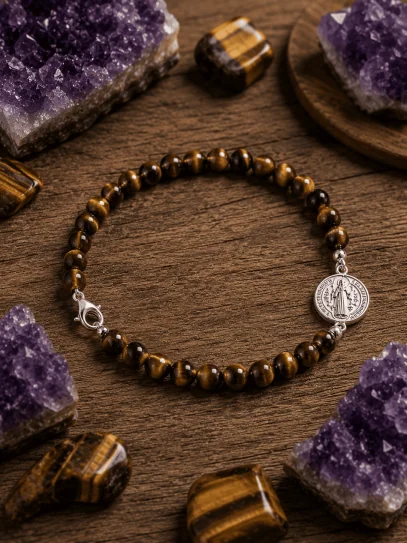 Pulsera doble protección de plata: Medalla de San Benito y Ojo de Tigre