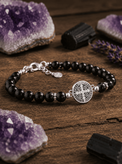 Polsera doble protecció de plata: Medalla de Sant Benet i Ònix negre